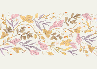 Retro colorful seamless horizontal border with detailed various foliage, intricate details and delicate forms. Elegant botanical rustic design elements. Hand drawn vintage vector illustration