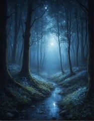 Obraz premium Mysterious moonlit forest path surrounded by lush blue flowers. Enchanting atmosphere with soft glowing light filtering through trees, perfect for fantasy themes, nature scenes, or magical landscapes.
