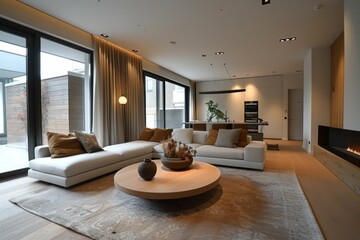 modern living room, cozy decor, minimalist interior design with warm tones and natural light, featuring a comfortable sofa, stylish coffee table, and a contemporary fireplace