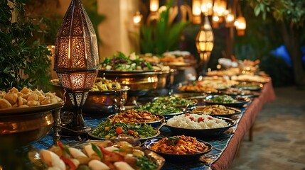A beautifully arranged iftar buffet in a traditional Middle Eastern setting, with a variety of dishes
