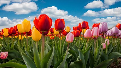 Spring backgroung flowering tulips flowers and leaves
