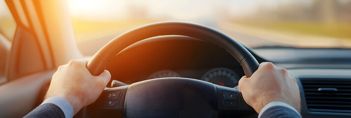 Close-Up of Male Hands on Steering Wheel of a Car | Driving Focus and Road Safety