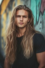 Fototapeta premium photo of a man with long hair, wearing a black shirt, standing on the street