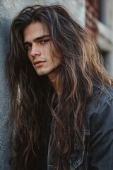 Fototapeta premium photo of a man with long hair, wearing a black shirt, standing on the street