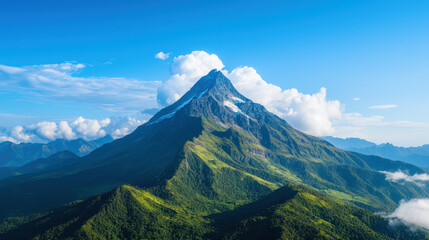 Majestic mountain peak covered in lush greenery with clear blue sky and scattered clouds in the background, showcasing natural beauty and tranquility.