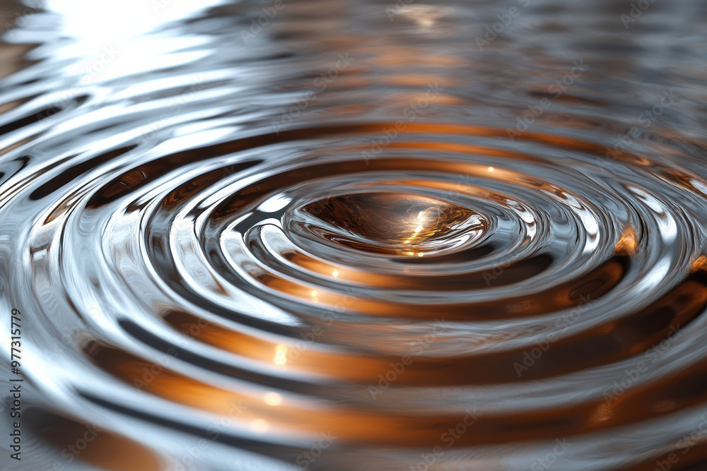 Poster close-up of water ripples showcasing intricate circular patterns created by a single drop, reflectin