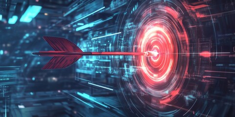 Fototapeta premium Abstract digital target with an arrow in the center. Growth strategy or financial goal concept. Futuristic low poly wireframe vector illustration on blue technology modern background. The bull's eye