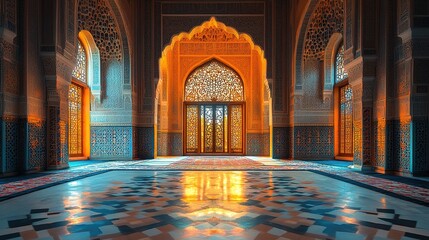 Obraz premium A beautifully lit mosque with intricate architectural details, where Muslims gather for Ramadan prayers