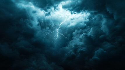 Dramatic lightning strikes through dark storm clouds during a nighttime thunderstorm