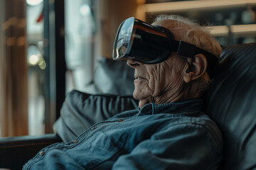 Fototapeta premium Elderly man experiencing virtual reality at home. A close-up of an elderly man wearing a VR headset while seated comfortably in his living room, showcasing how virtual reality can enhance the life of