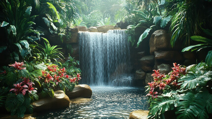 A serene waterfall cascades into a clear pool surrounded by lush tropical plants and vibrant flowers, creating a peaceful and picturesque jungle scene.