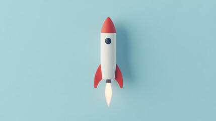 Minimalist rocket launching against a pastel blue background, symbolizing creativity and new beginnings.
