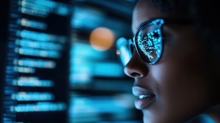 A close-up image showing magnified programming code on a screen, accompanied by blurred background lighting, symbolizing focus, technical expertise, and futuristic development.