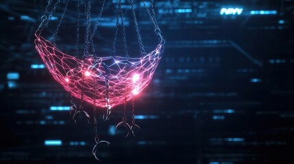 Phishing attack defense visualized as a glowing net catching malicious hooks, dark and intense cyber environment