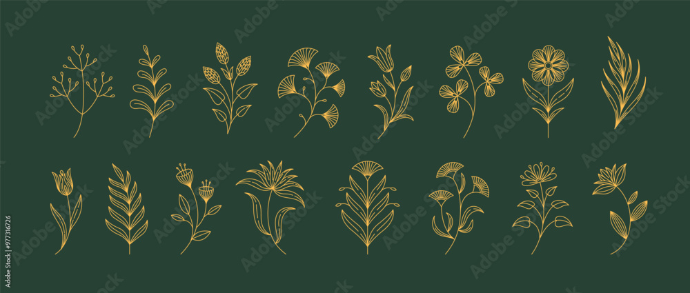 Wall mural set of boho simple geometric branch and flowers. botanic design elements in wavy and vintage style. 