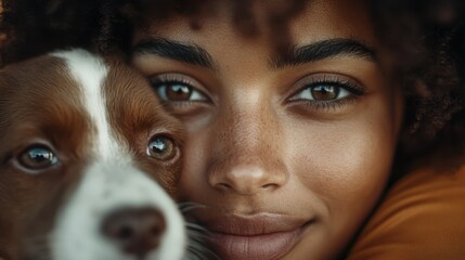 A close-up image captures the deep emotional bond between a woman and her dog as they gaze together, highlighting companionship and affection in their expressions.