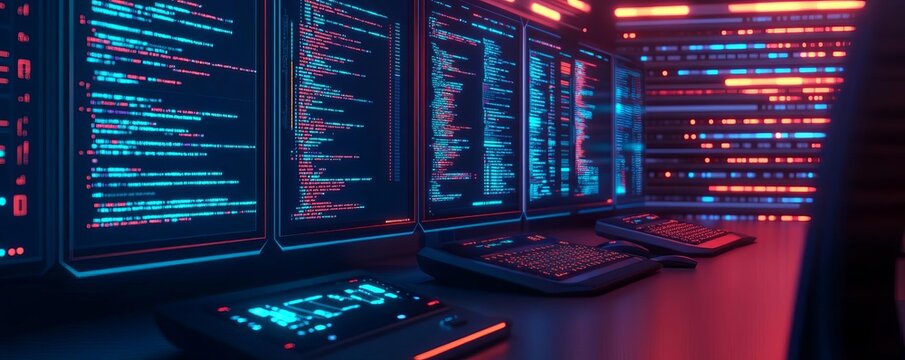 Advanced UI code editors, glowing hologram tools, digital development room