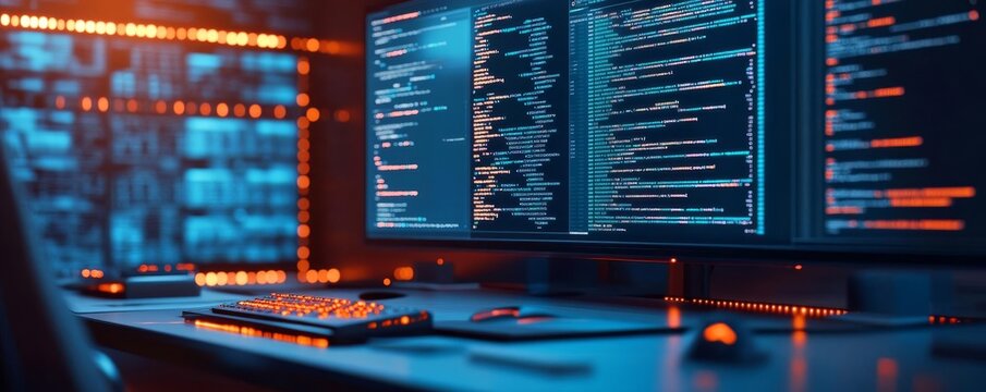 Advanced UI code editors, glowing hologram tools, digital development room