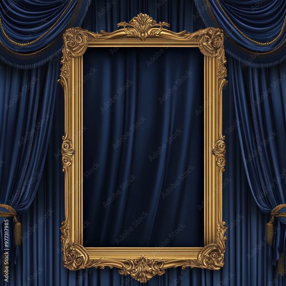 Wall mural Gold Frame Blue Curtains.