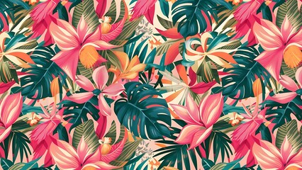 Fototapeta premium Tropical background horizontal. Summer pattern. Tropical flowers and leaves background or invitation, visiting card template.