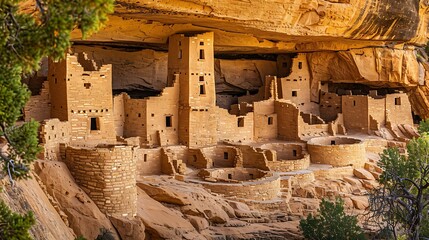 Ancient cliff dwelling in Mesa Verde, Colorado: The ancient cliff dwellings of Mesa Verde are carved into the rock face, their preserved ruins offering a glimpse into the lives of the Ancestral 