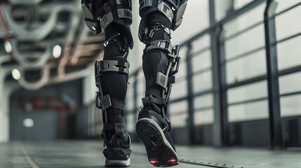 Robotic Exoskeleton: A person wearing a robotic exoskeleton, enhancing their strength and mobility. 
 - Powered by Adobe