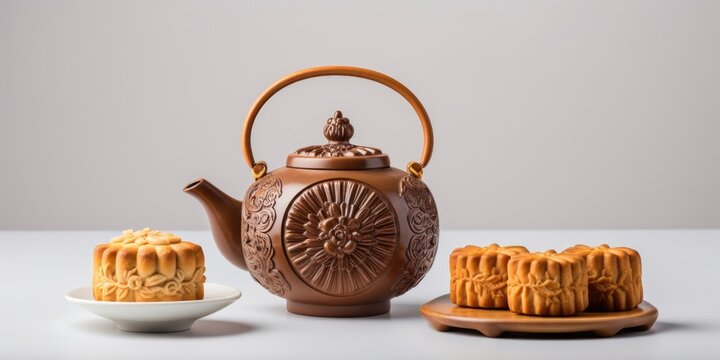 Delicious Chinese Mooncakes (Geppei) with Teapot at Table for Mid-Autumn Festival Photo.