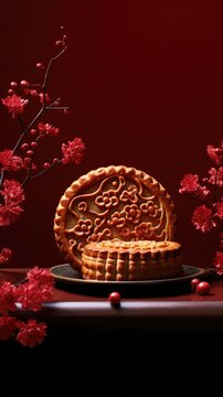 Mid-Autumn Festival Mooncake (Geppei) on Plate and Beautiful Flowers at Red Table Photo.