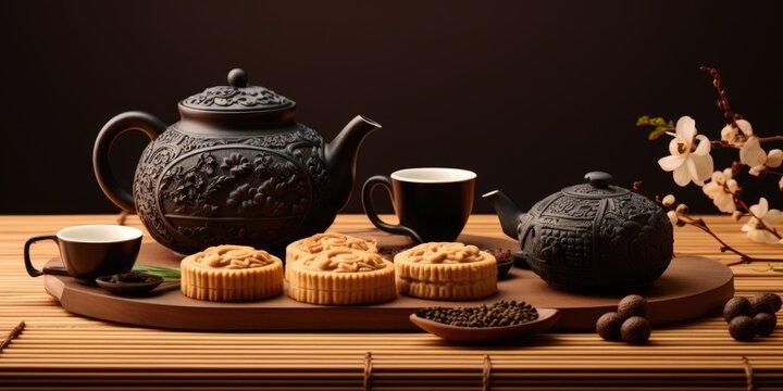 Delicious Chinese Mooncakes (Geppei) with Teapot Set at Wooden Table for Mid-Autumn Festival Photo.
