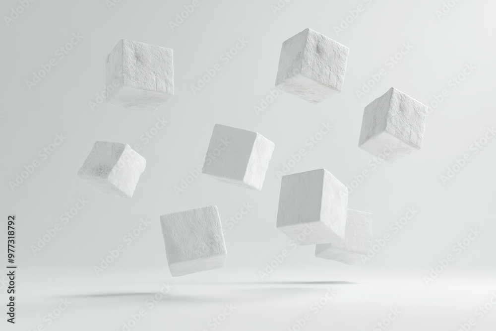 Poster floating white cubes in a minimalist scene create a surreal and artistic atmosphere. perfect for mod