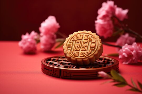 Mid-Autumn Festival Mooncake (Geppei) on Plate and Beautiful Flowers at Red Table Photo.