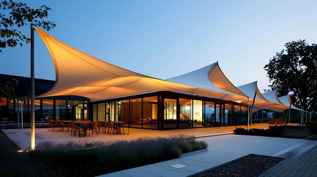 Tensile fabric structure for outdoor events: A sleek tensile fabric structure stretches across an outdoor space, providing shelter and shade for events with its elegant, modern design. 