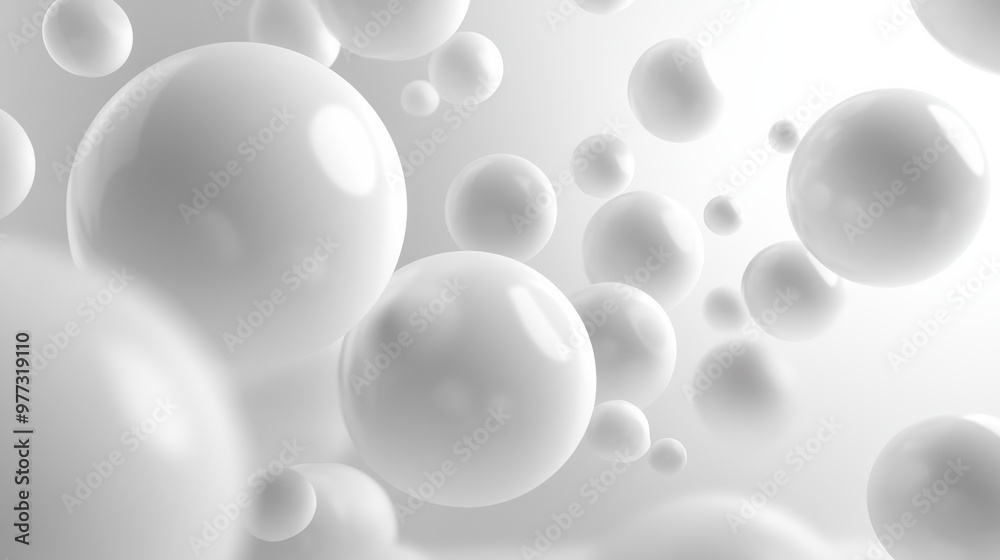 Poster abstract of floating white glossy spheres with soft shadows and depth of field, creating a sense of 