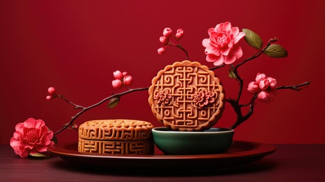 Mid-Autumn Festival Mooncake (Geppei) on Plate and Beautiful Flowers at Red Table Photo.