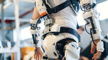 Robotic Exoskeleton: A person wearing a robotic exoskeleton, enhancing their strength and mobility. 
