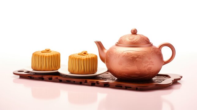 Delicious Chinese Mooncakes (Geppei) with Teapot at Wooden Platter for Mid-Autumn Festival Photo.