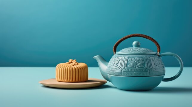 Delicious Chinese Mooncake (Geppei) with Teapot at Table for Mid-Autumn Festival Photo.