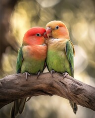 Lovebirds Snuggled Together on a Perch with Soft Focus Background
