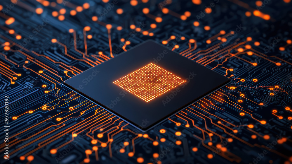 Poster close-up of a microchip on an electronic circuit board, showcasing technology and innovation in the 