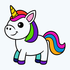 Design a cartoon rainbow unicorn with a joyful smile and a colorful mane