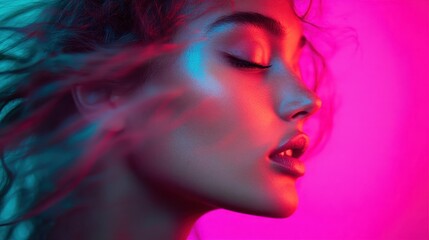 A blurry image of a person enveloped in vibrant and swirling colors of blue and pink, creating an abstract and visually striking composition that evokes movement and emotion.