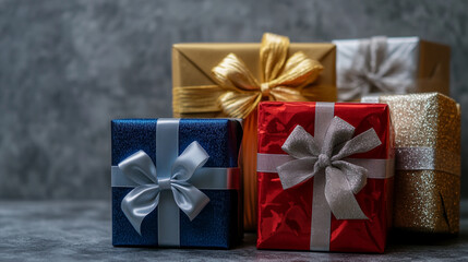 Fototapeta premium Colorful gift boxes with ribbons arranged on a textured surface ready for a celebration event