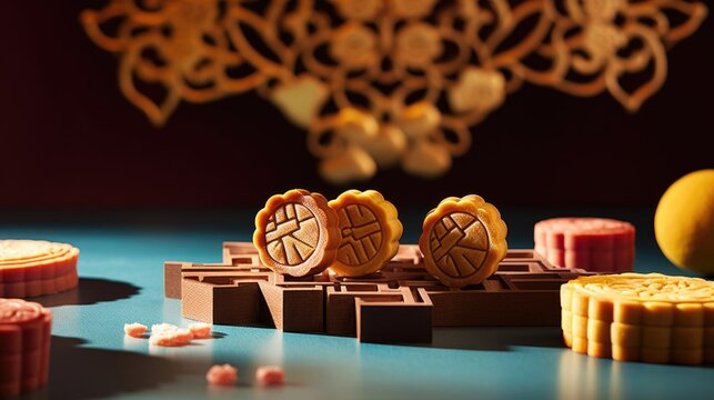 Mid-Autumn Festival Mooncakes (Geppei) on Table to Enjoy and Celebrate, Photo.