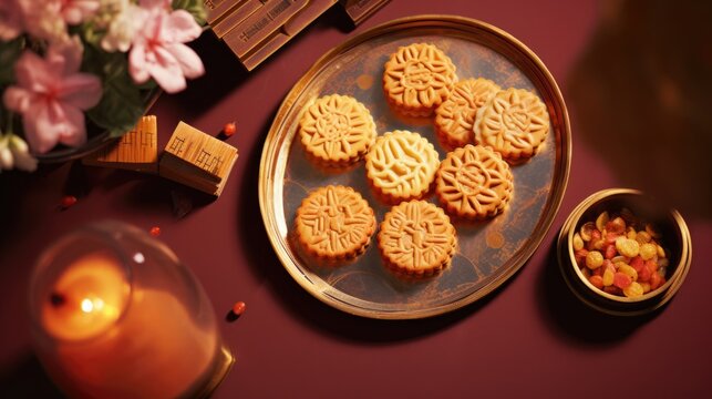 Delicious Chinese Mooncakes (Geppei) with Snacks on Table Settings for Mid-Autumn Festival Theme Photo.