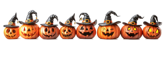 Set of scary Jack O Lantern Halloween pumpkins with witch hats on transparent background cutout. PNG file. Funny and spooky carved pumpkin.