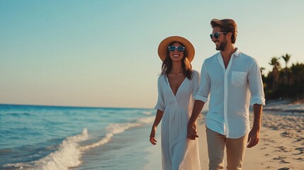 Couple walking hand in hand along a serene beach at sunset, enjoying the warm weather and tranquil waves