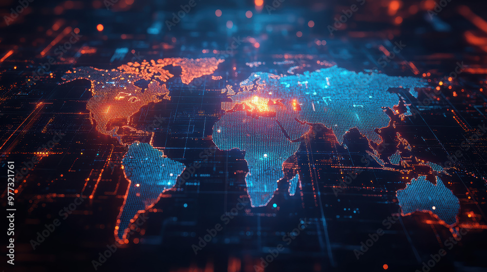 Poster digital world map illuminated by futuristic technology, showcasing global connections and data netwo
