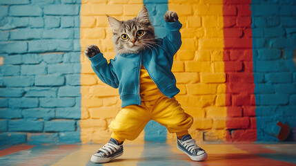 Portrait of a stylish cat dancing in kids outfit on a colorful toyroom background with field of...