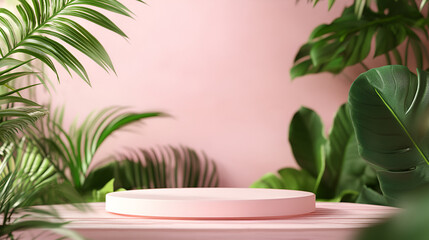  Pastel podium with plant for your product Modern geometric pedestal podium Platform in shadow. Product presentation Round podium for your products on beige background