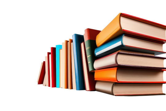 A vibrant collection of stacked books showcasing various colors and designs, with transparent Background.